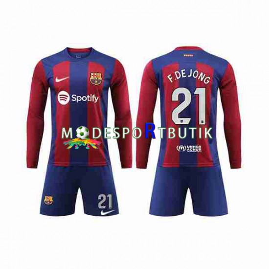 FC Barcelona Matchtröja Frenkie de Jong 21 Hemma 2023-2024 Långärmad ,Fotbollsställ Barn